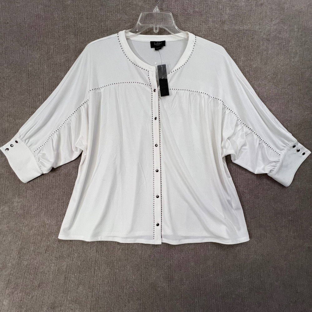 NWT Belldini Los Angeles 2X White Studded Blouse 3/4 Sleeve Button‎ Down Plus